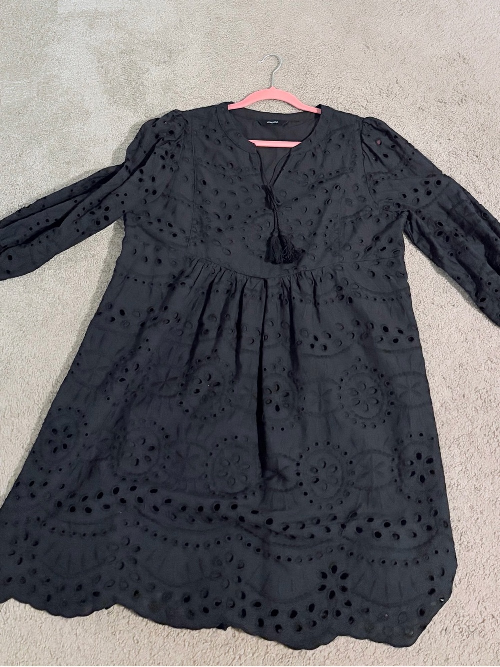 Black Eyelet Tassel Tie Long Sleeve Dress